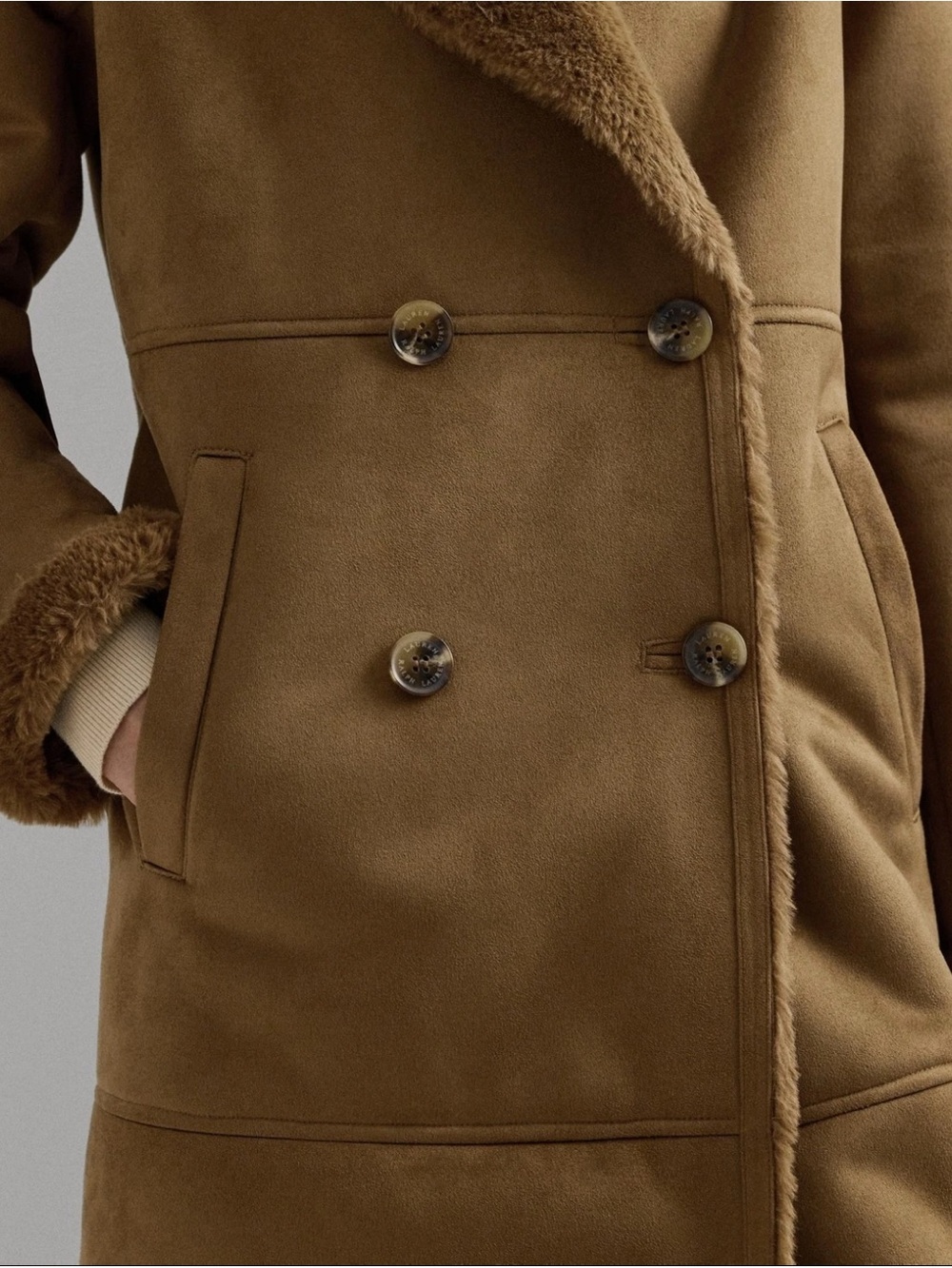 NWT Polo Ralph Lauren Camel Faux-Shearling Double-Breasted Long Coat Size S - Picture 4 of 11
